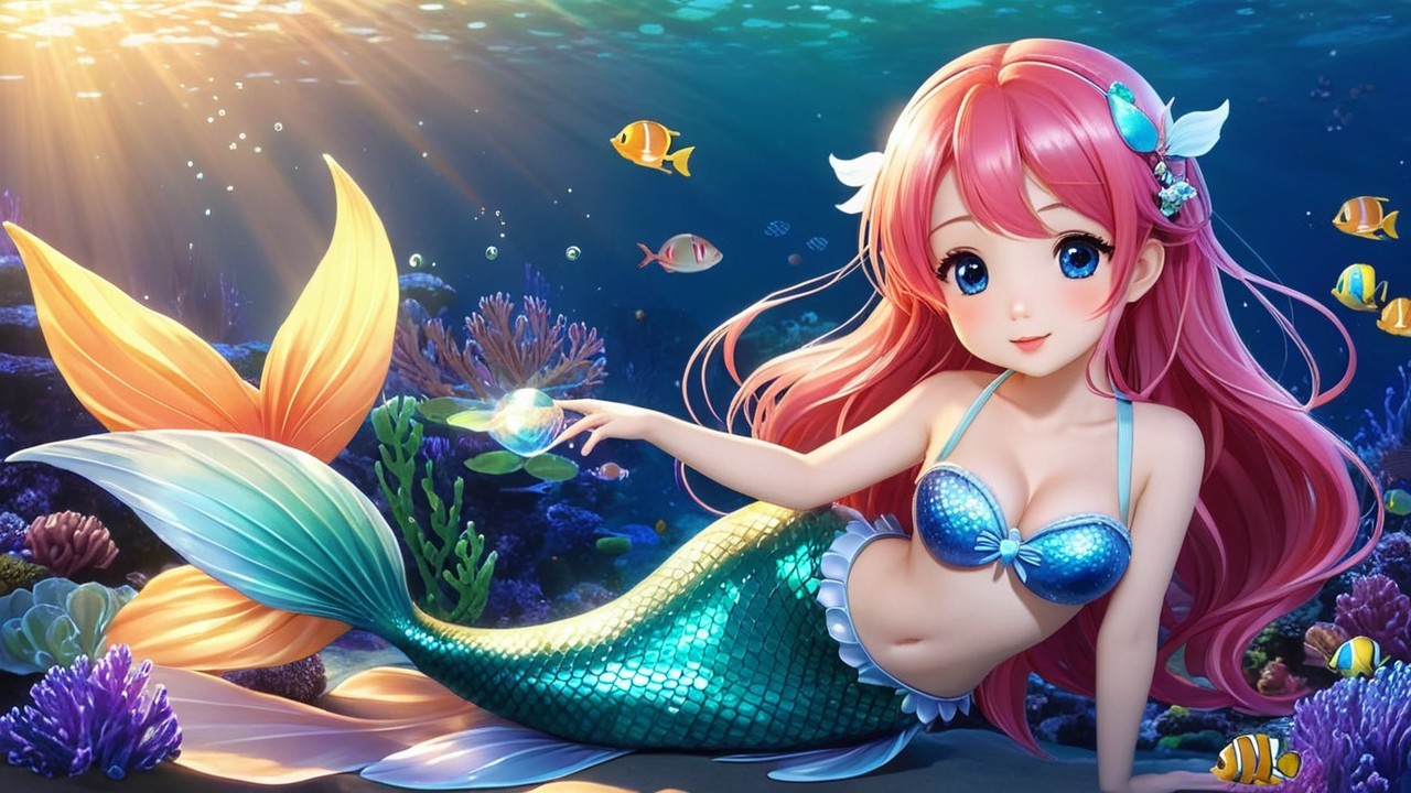 Vibrant underwater scene with a cheerful mermaid
