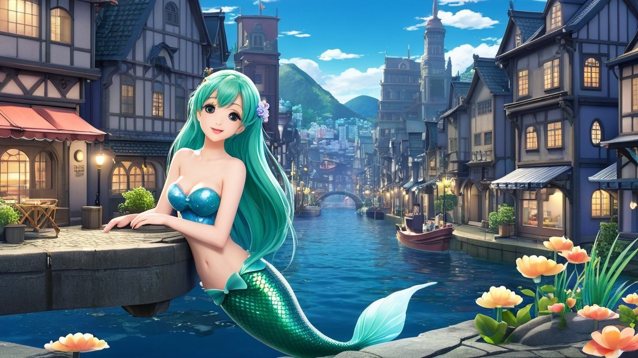 Mermaid by Waterfront Town with Medieval Architecture