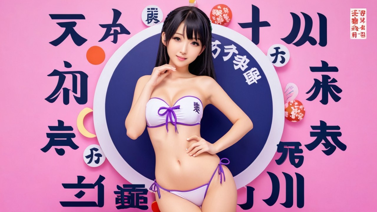 Young Woman in Floral Bikini Against Pink Background