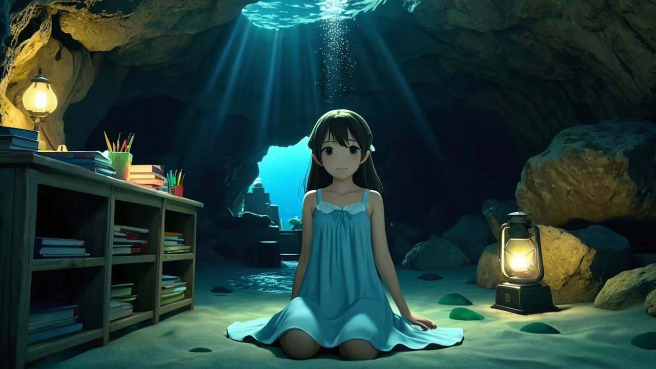 Underwater Cave Scene with Young Girl in Blue Dress