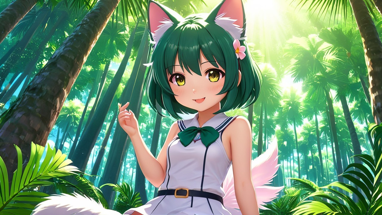 Cheerful Anime Girl in Lush Forest Setting