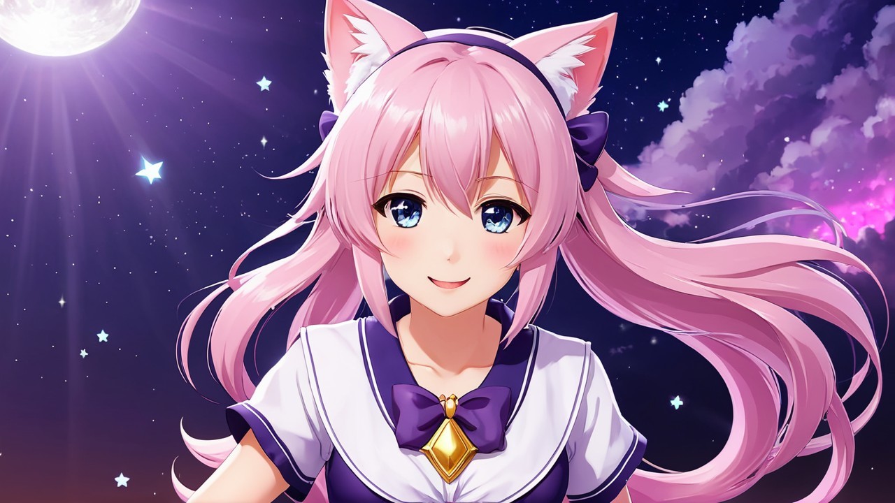 Character with Pink Hair and Cat Ears in Night Sky