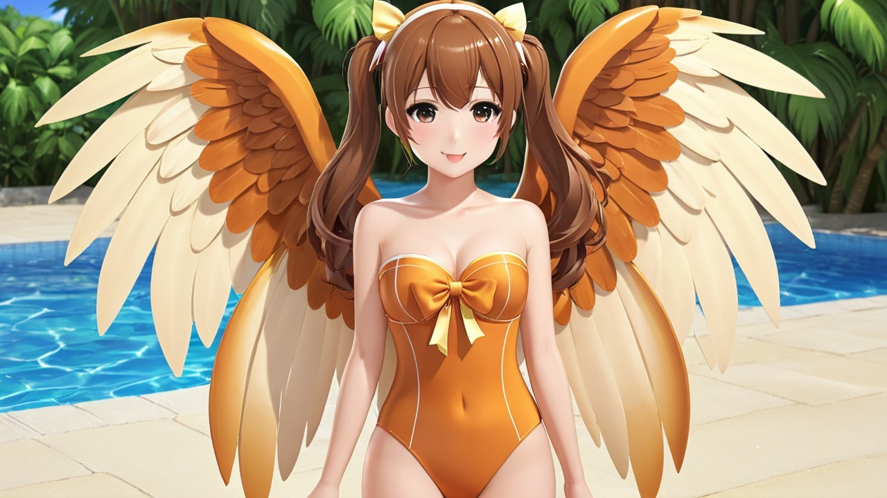 Cheerful anime character by sparkling pool with wings