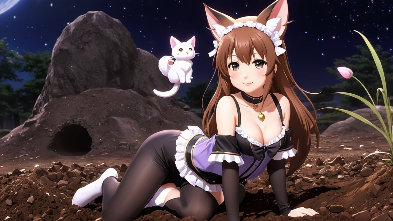 Anime Character with Cat Ears in Night Setting