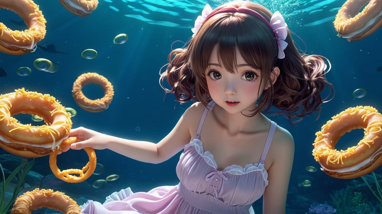 Young girl underwater with donuts in vibrant scene