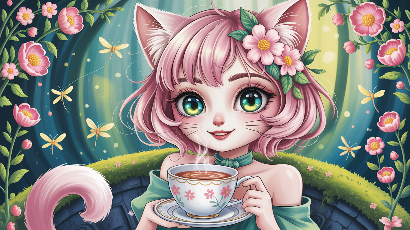 Charming Cat Girl with Pink Hair and Cherry Blossoms