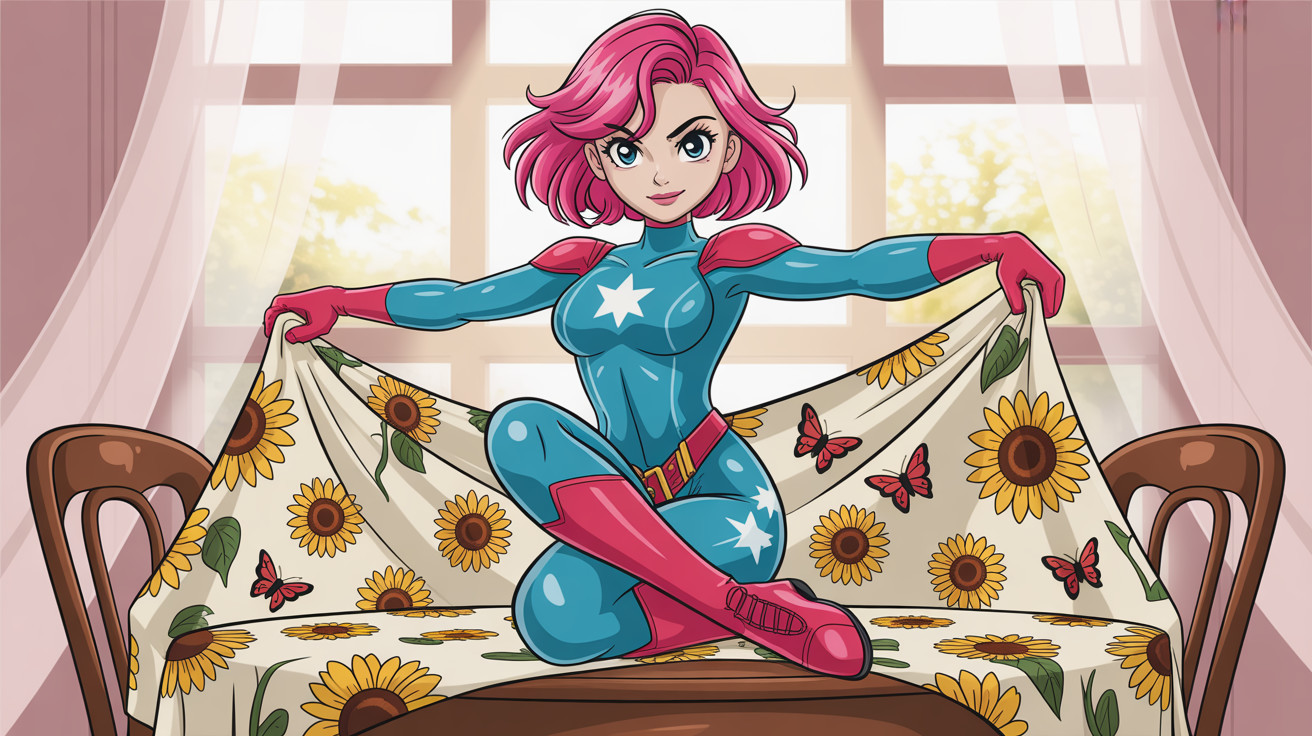 Full-body anime illustration of a superheroine in blue bodysuit