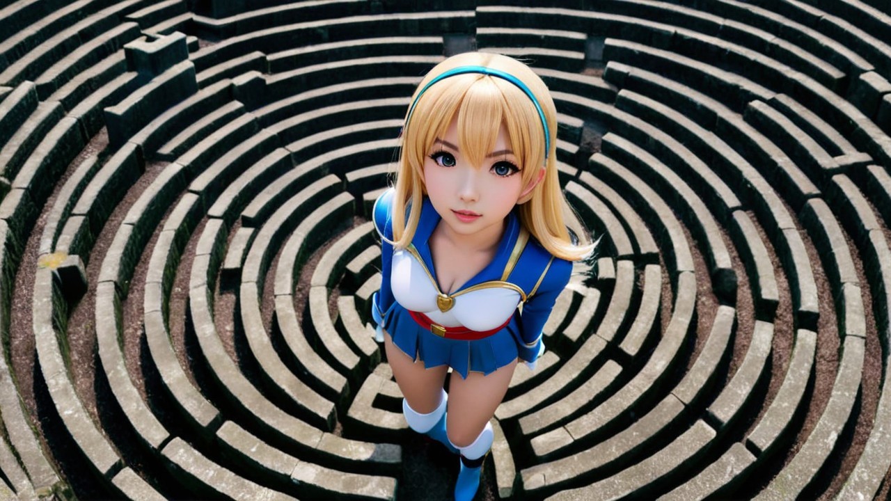 Young Woman in Blue Outfit in Stone Labyrinth