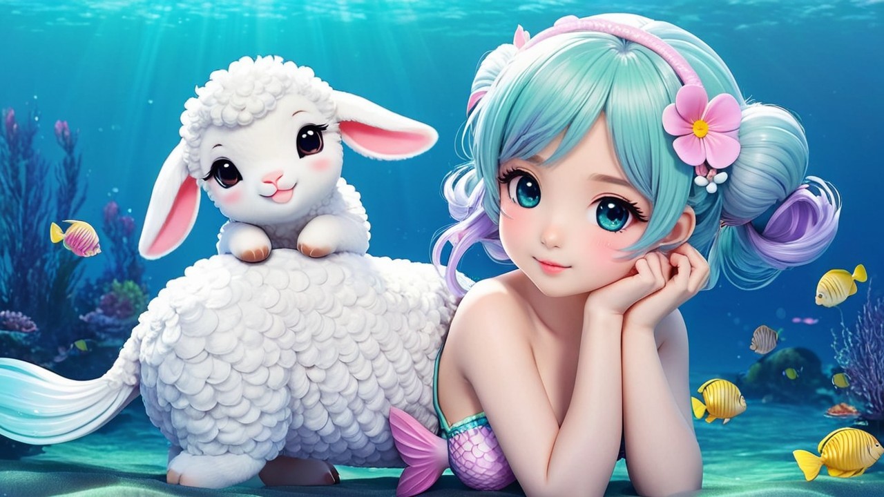 Whimsical Underwater Scene with Mermaid and Sheep