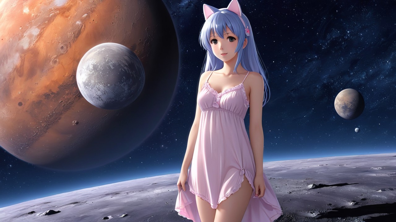 Character with Blue Hair on Lunar Surface in Space