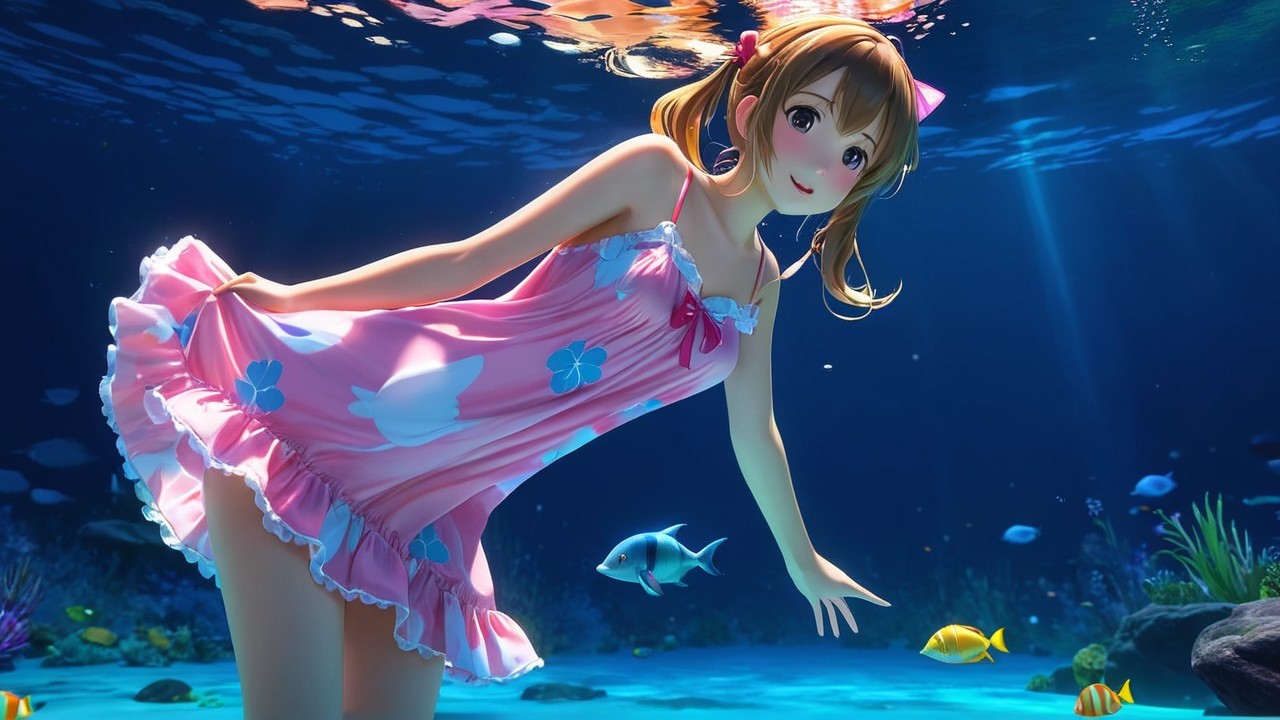 Cheerful Character in Pink Dress Swims Underwater