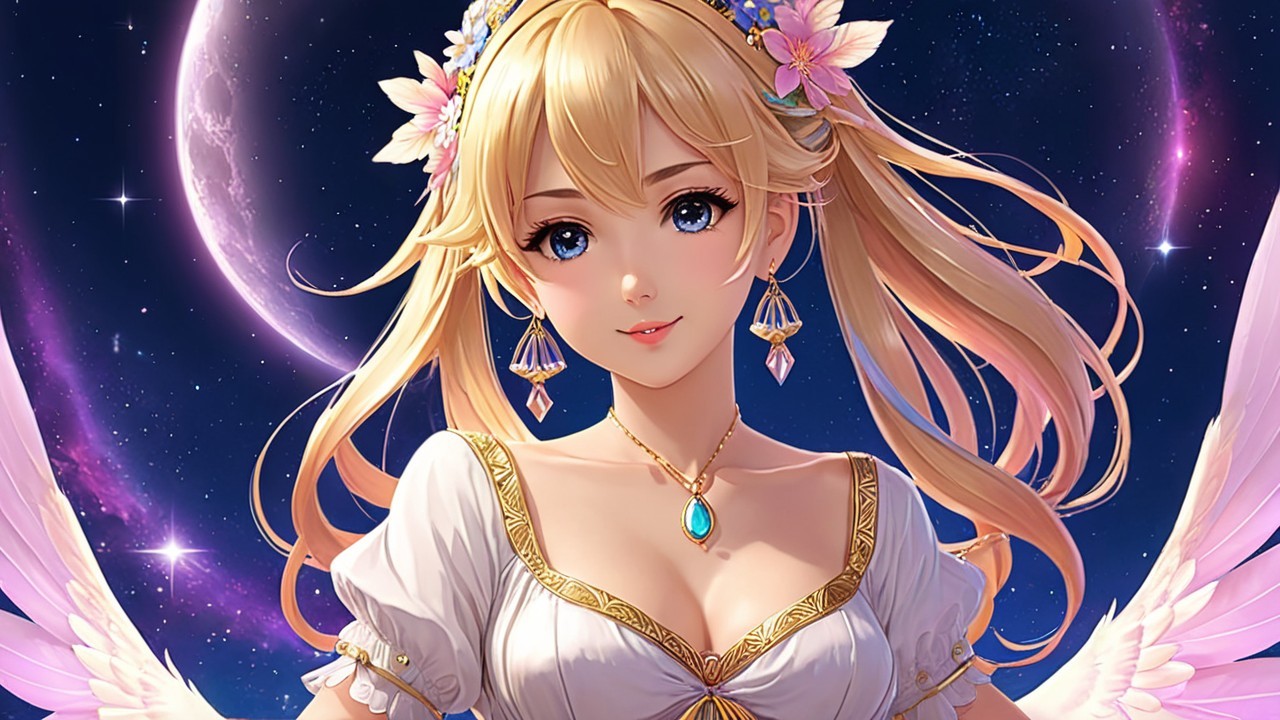 Ethereal figure in white dress against starry night sky