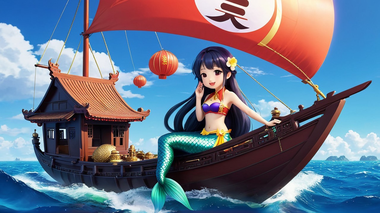 Stylized Ship and Mermaid in Bright Blue Waters
