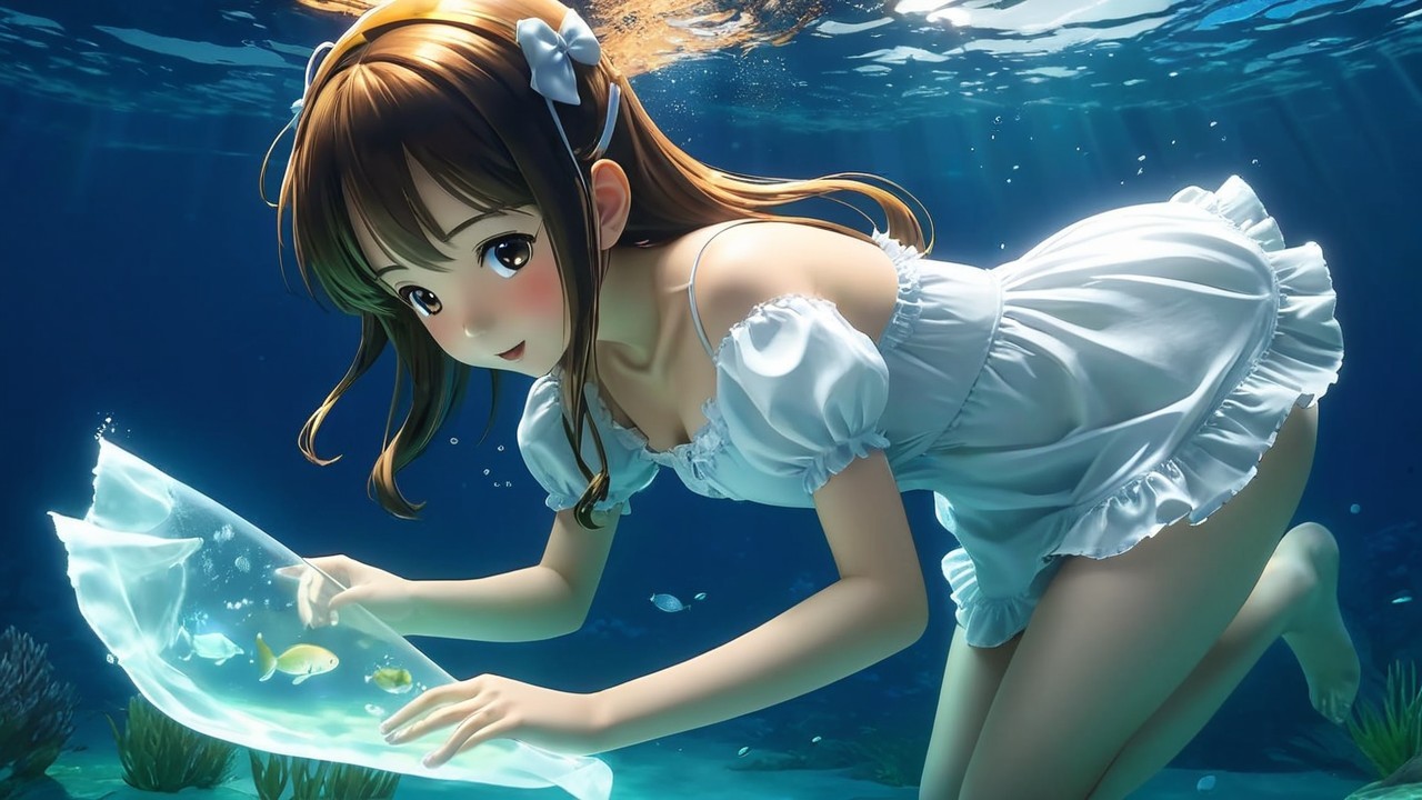 Young woman in white dress underwater with colorful fish