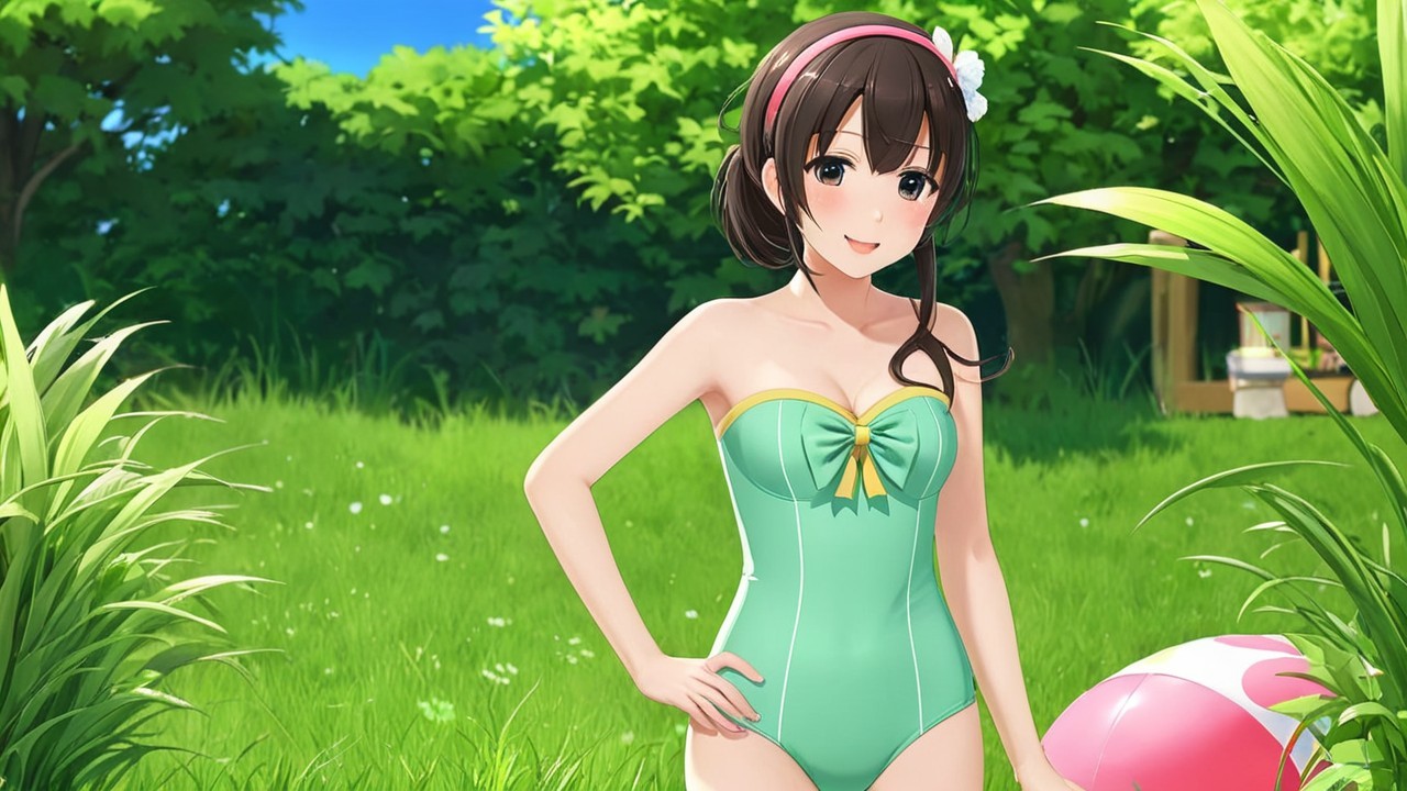 Cheerful anime character in mint-green swimsuit outdoors