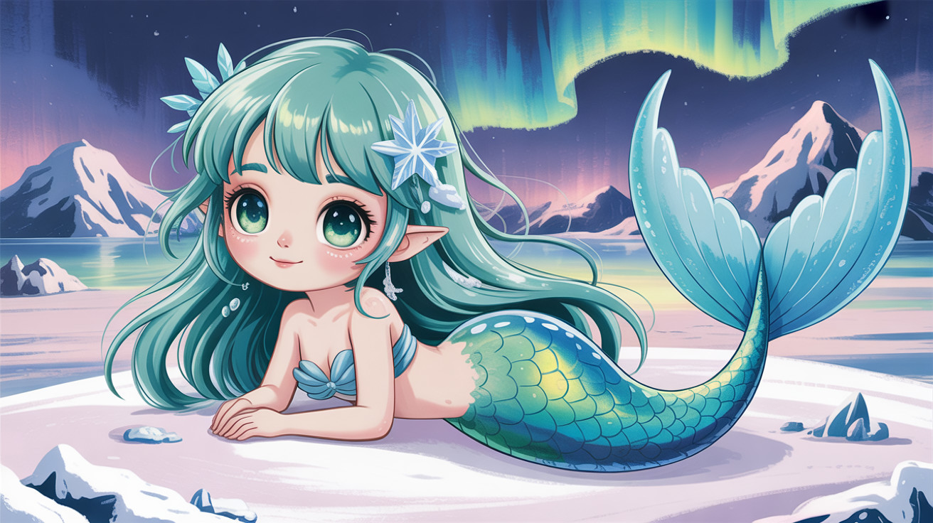 Young mermaid in teal on frozen landscape with snowflakes