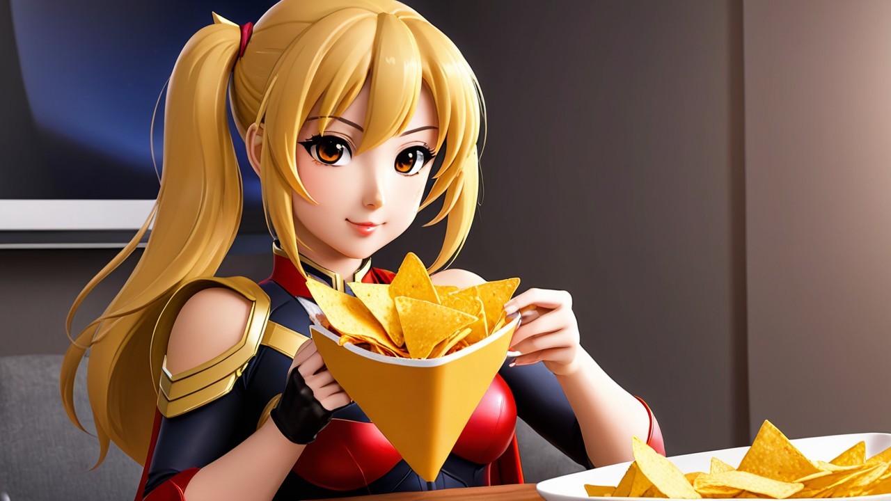 Cheerful Character Enjoying Nachos at a Festive Table