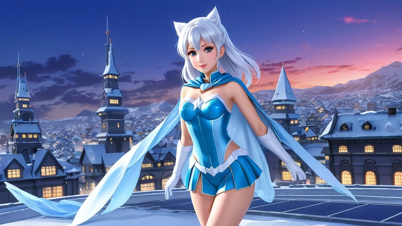 Character in Blue Outfit on Snowy Landscape at Twilight