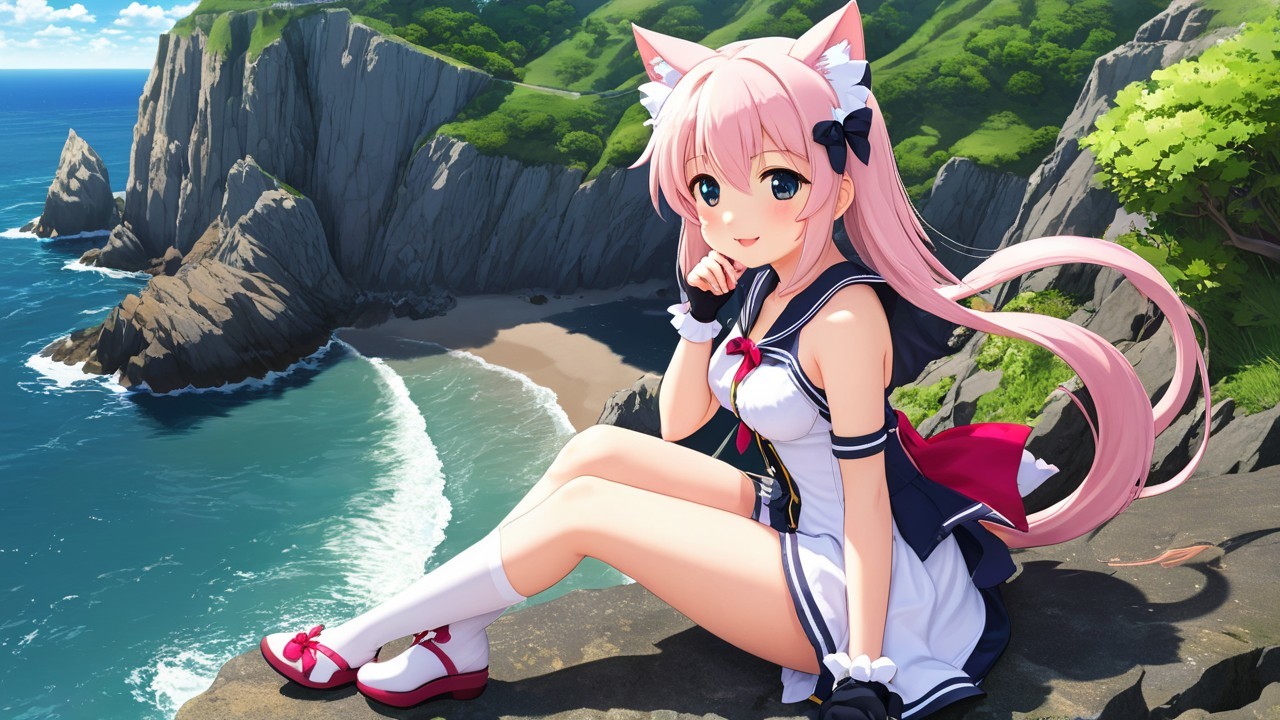 Anime Character with Pink Hair on Coastal Ledge
