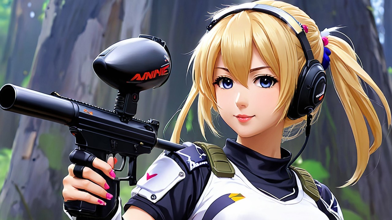 Anime Character in Vibrant Forest with Paintball Gun