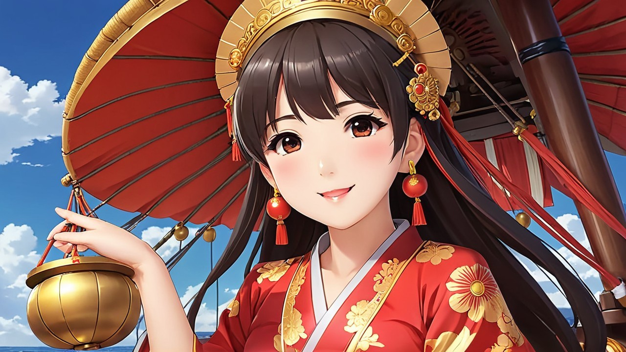 Young Woman in Traditional Red and Gold Attire