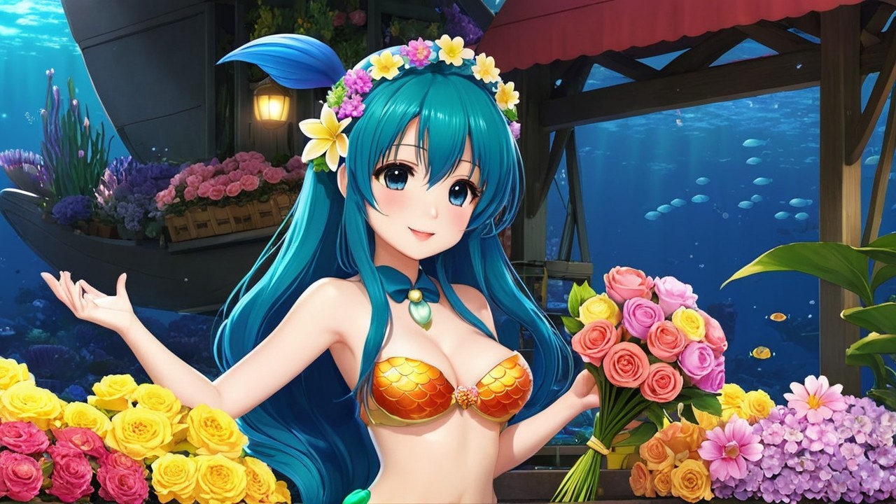 Cheerful Anime Girl with Turquoise Hair and Flowers