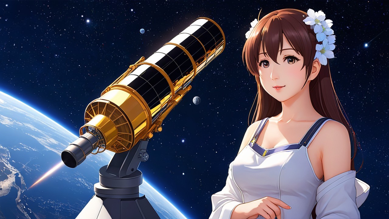 Young Woman with Telescope Under Starry Sky
