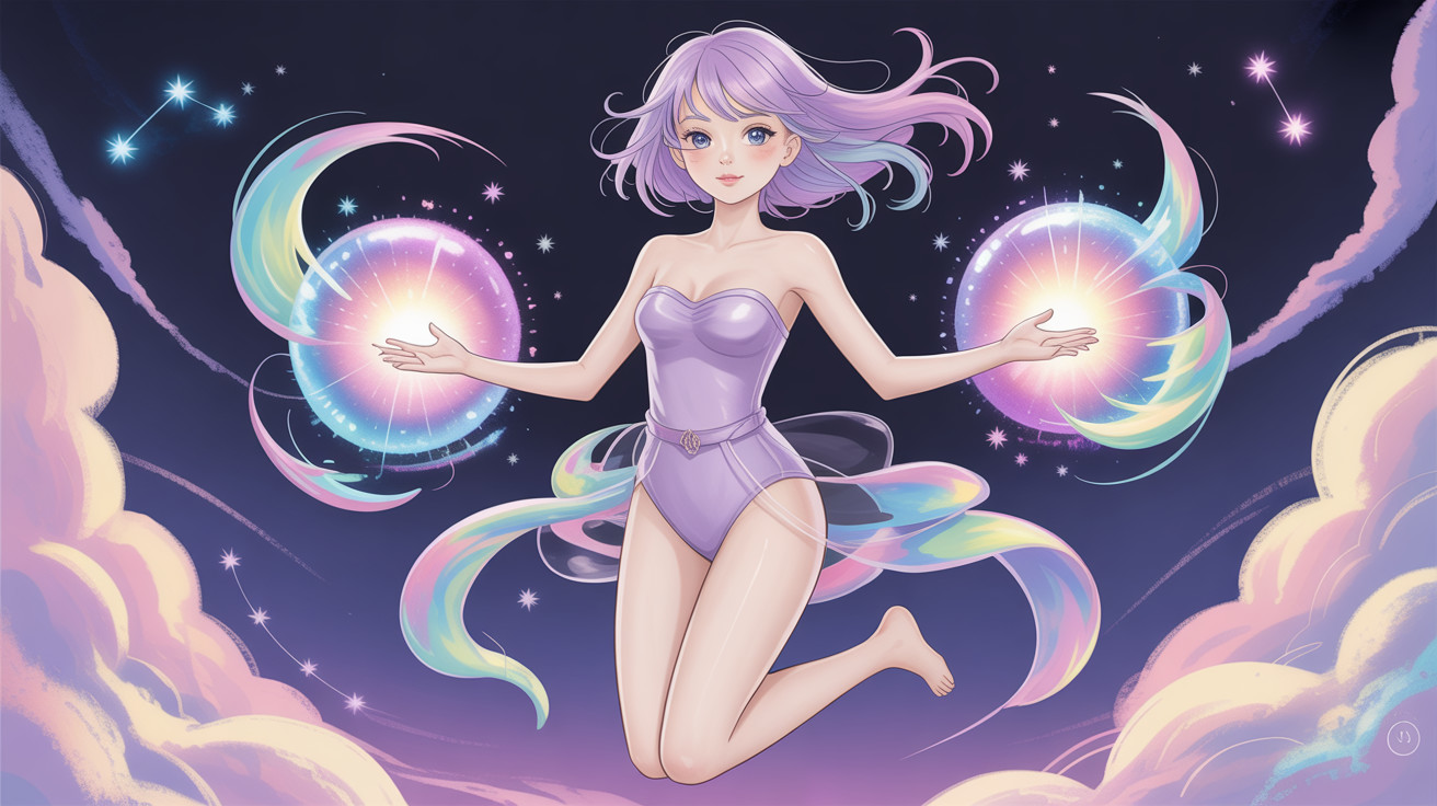 Anime-style woman in cosmic scene with purple hair