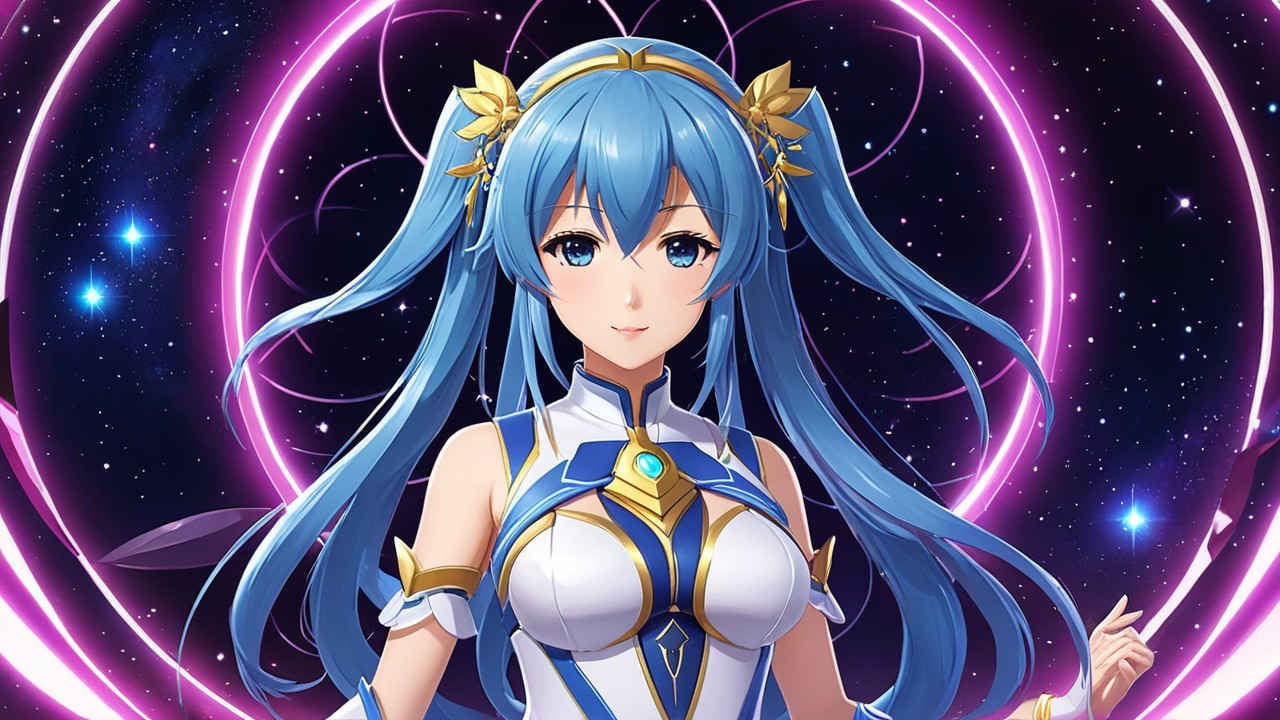 Fantasy Character with Blue Hair and Cosmic Background