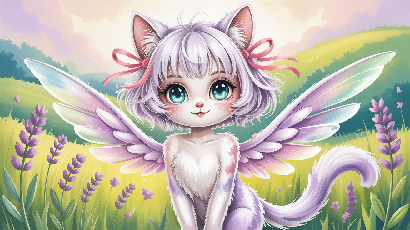 Humanoid Cat Character with Wings and Heart Markings