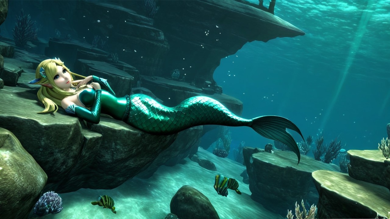 Underwater Scene of a Young Mermaid on a Rocky Ledge