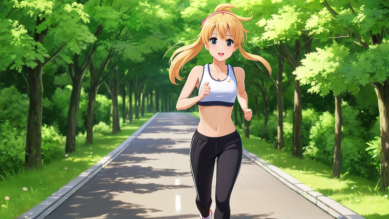 Anime Character Jogging on Scenic Tree-Lined Path