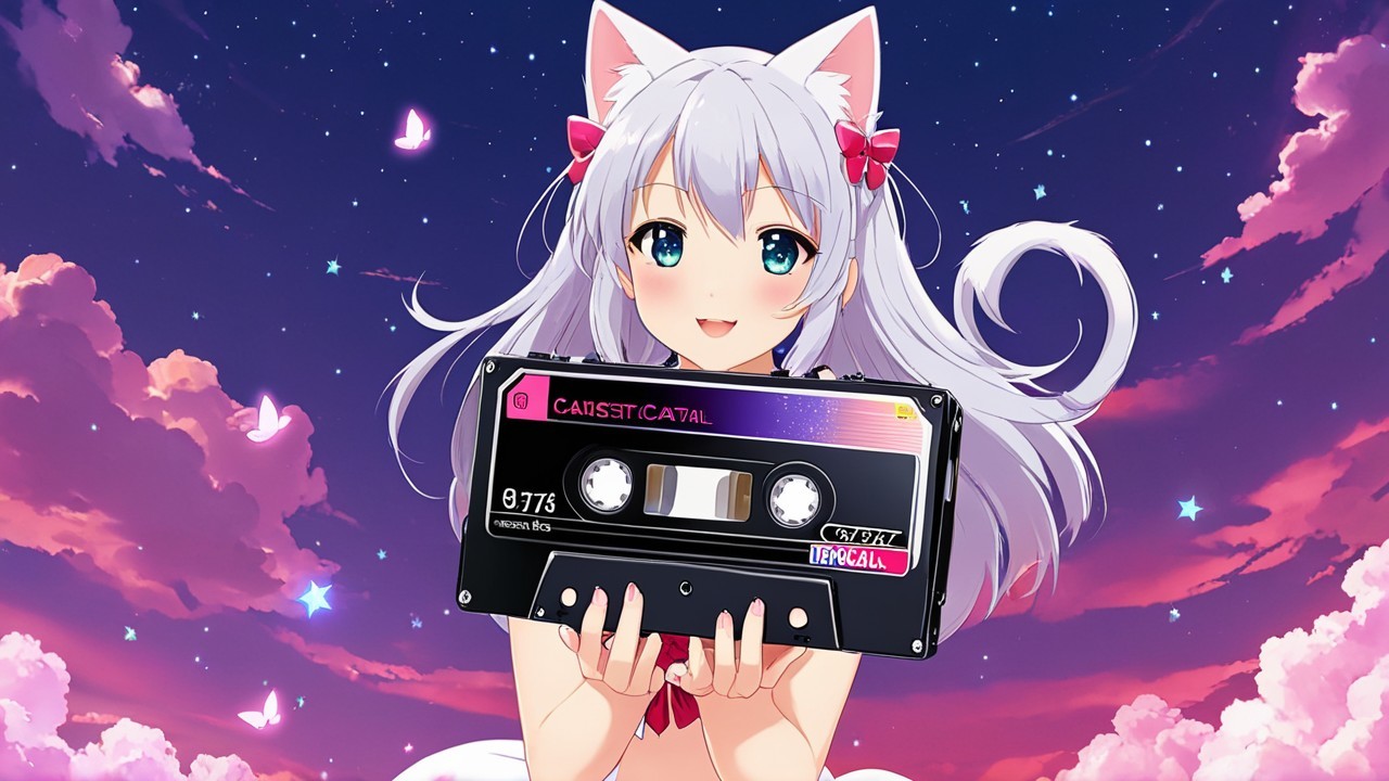Cheerful anime girl with cat ears and cassette tape