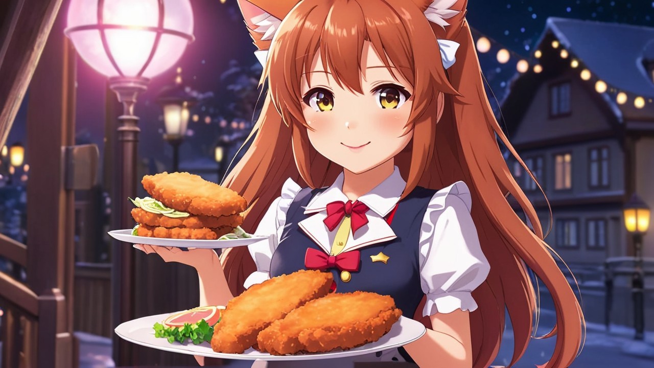 Cheerful Anime Girl with Fox Ears in Winter Scene