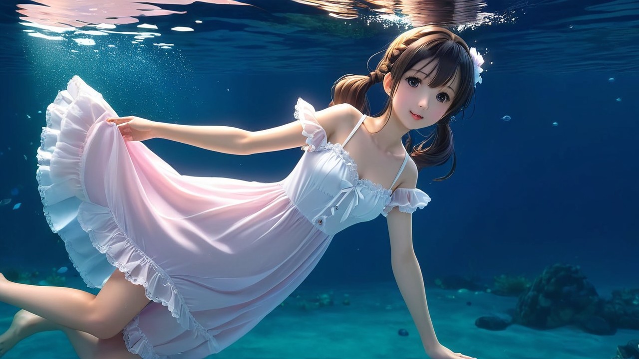 Young woman swimming in pink dress underwater