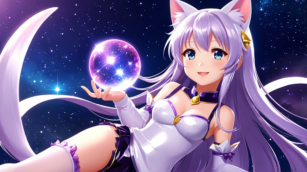 Whimsical anime character with silver hair in space