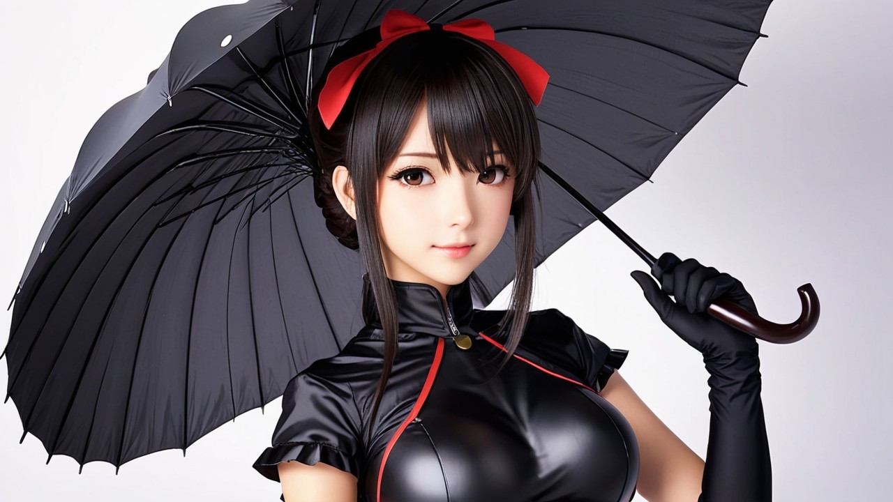 Elegant figure with black umbrella and stylish outfit