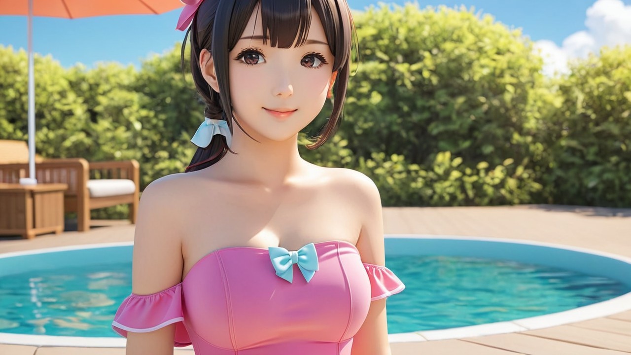 Cheerful anime character in pink swimsuit by pool