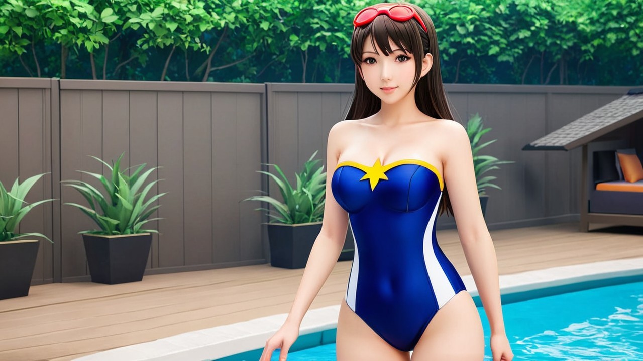 Young woman in blue swimsuit by a swimming pool