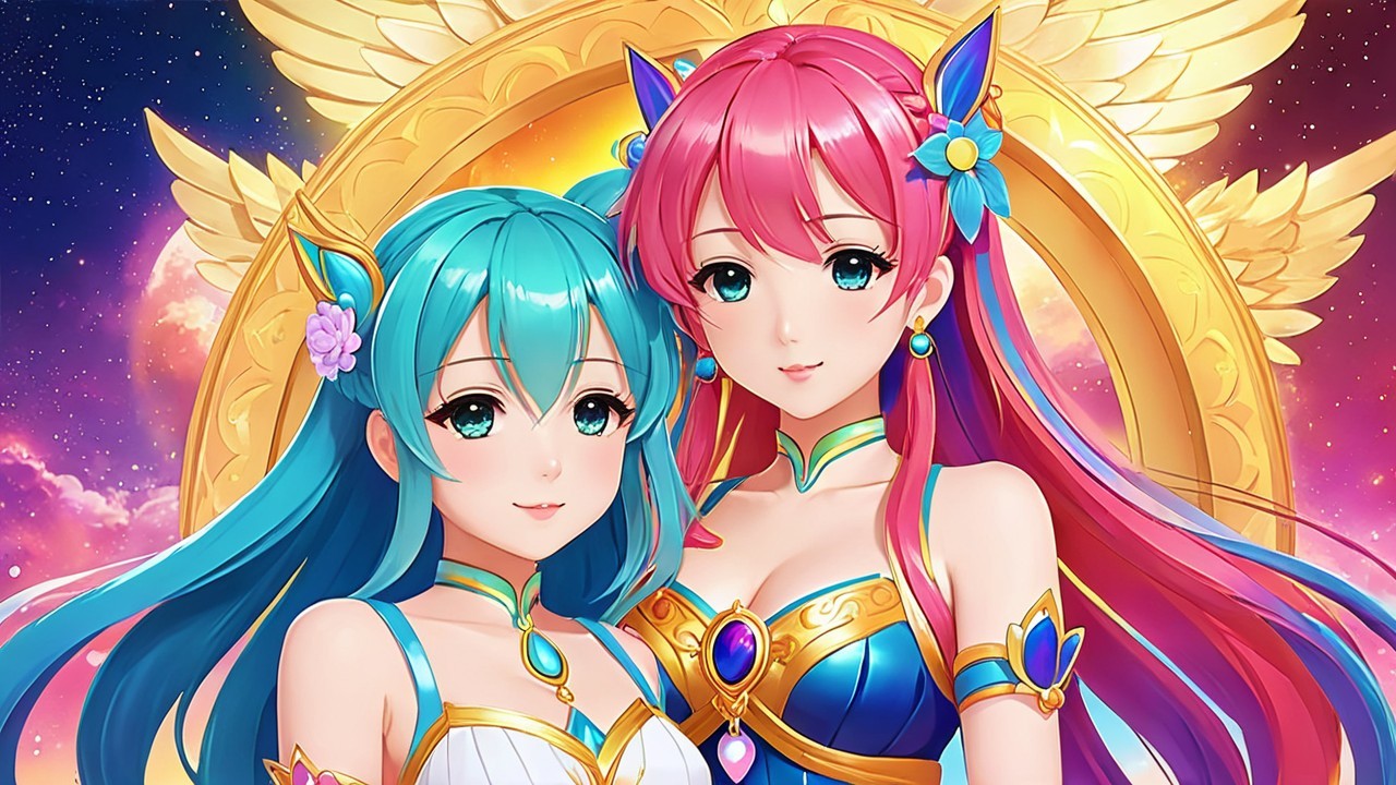 Fantasy Characters with Vibrant Hair and Cosmic Background