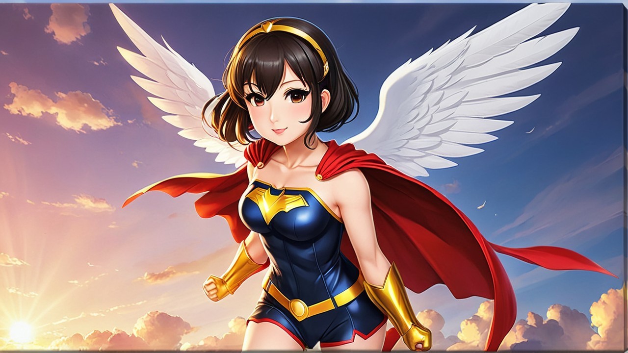 Heroic female character with wings at sunset sky