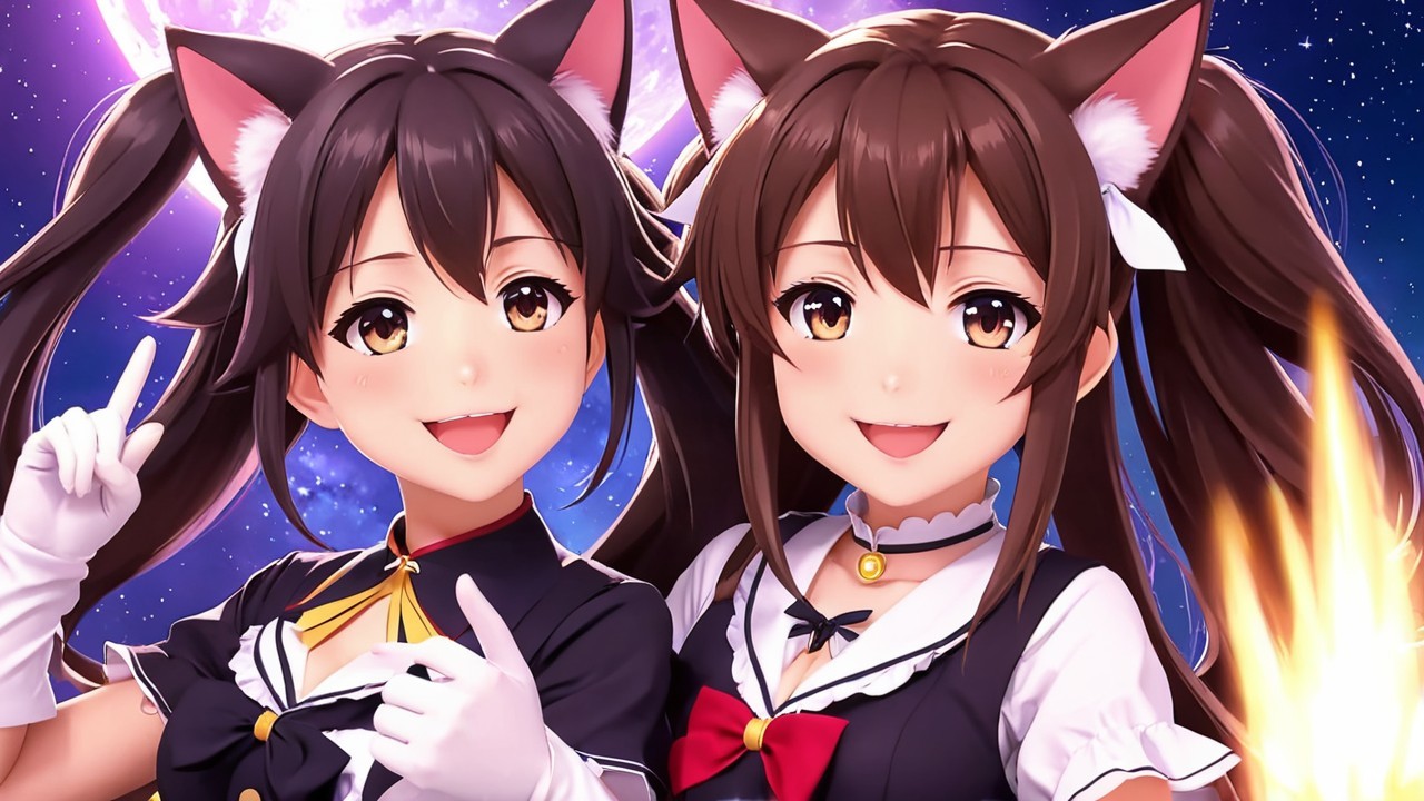 Animated Characters with Cat Ears in Cosmic Scene