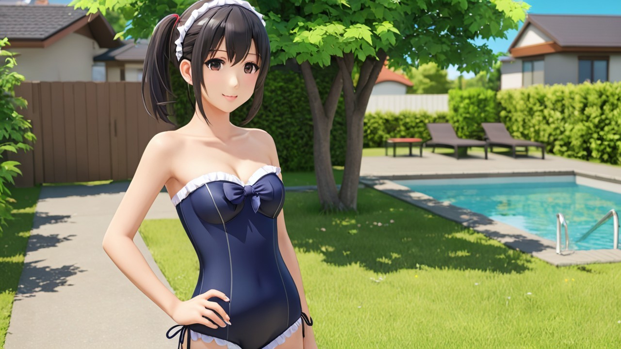 Cheerful Character by Poolside in Sunny Backyard