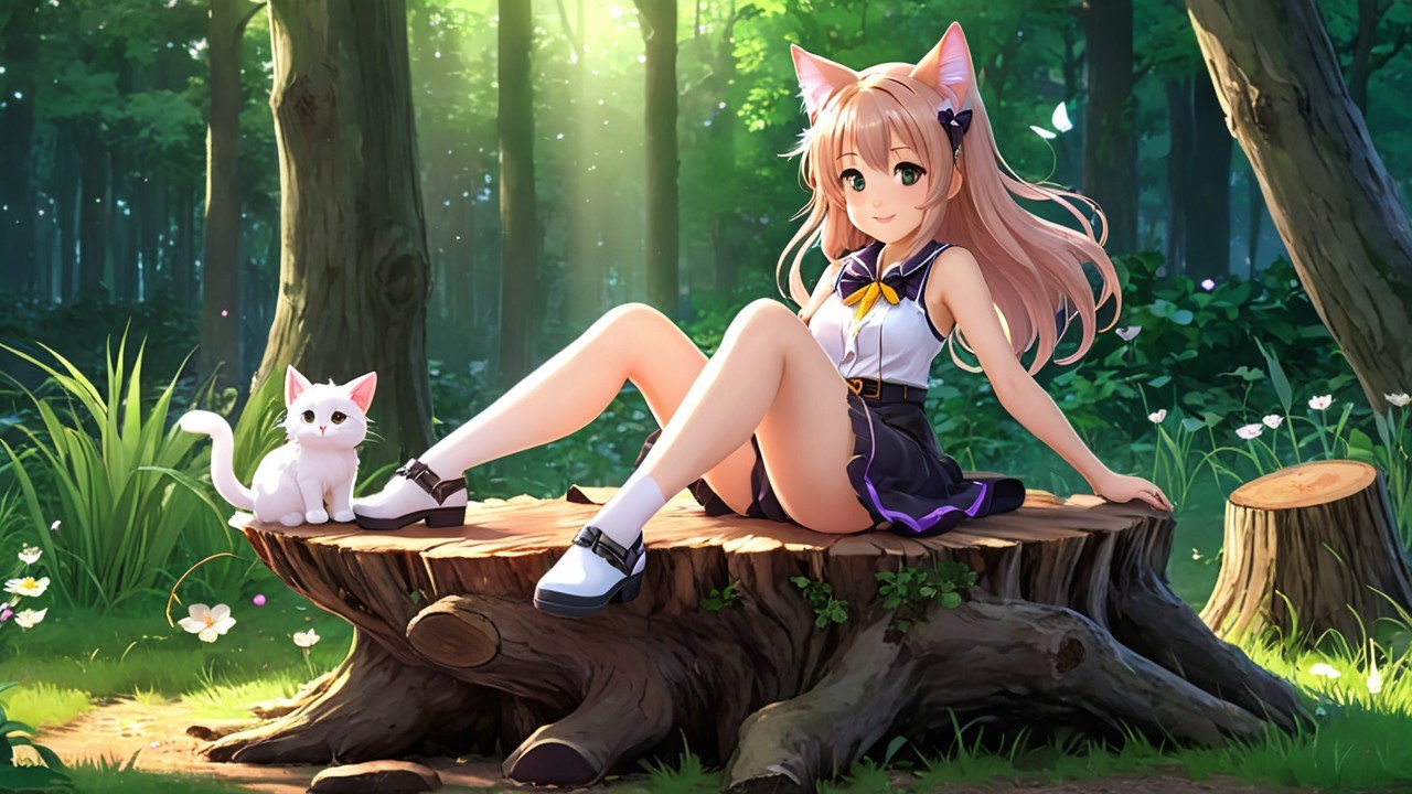 Young girl with cat ears in sunlit forest setting