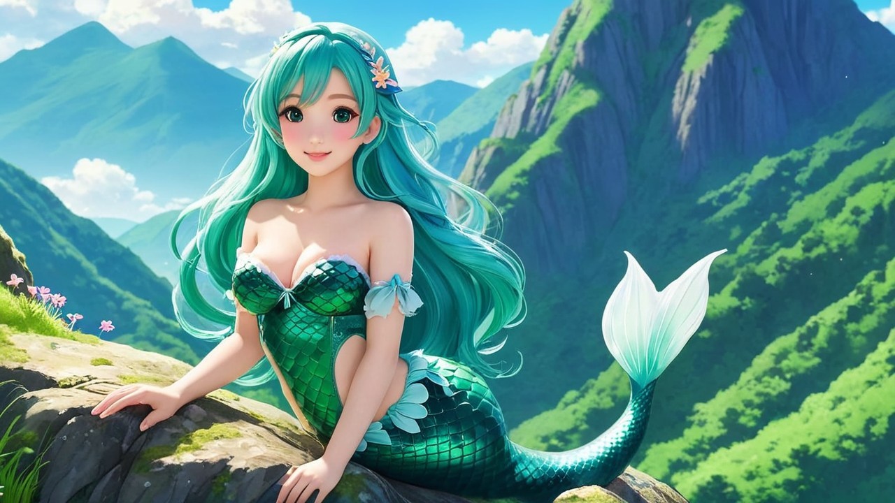 Mermaid with Teal Hair on Rocky Outcrop in Nature