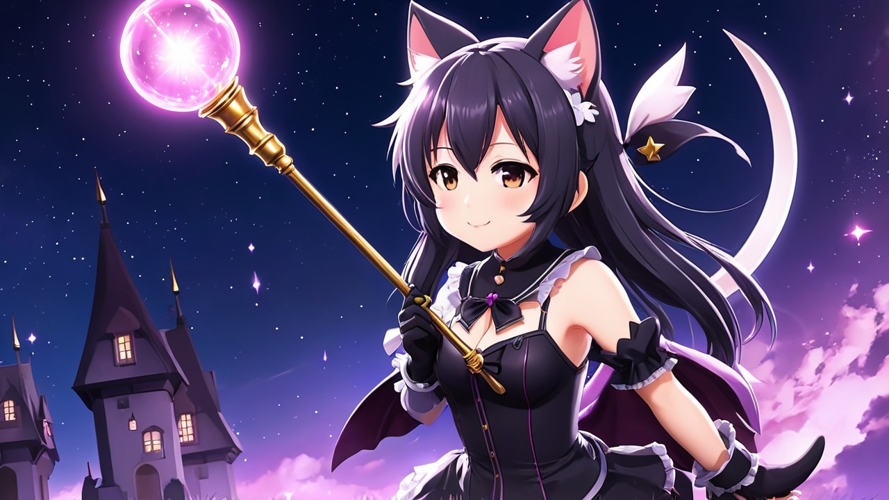 Fantasy Character with Cat Features Under Starry Sky