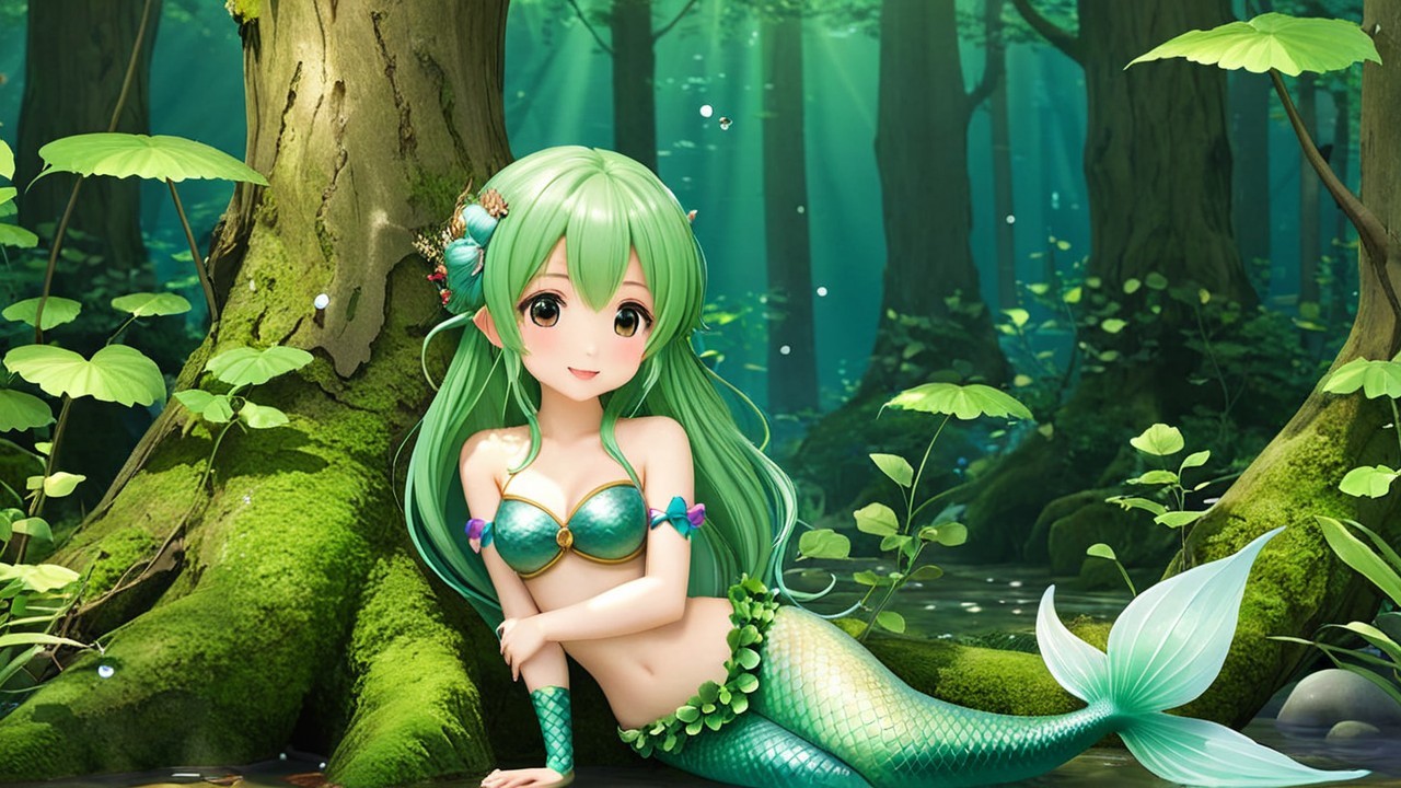 Anime-Style Mermaid in a Magical Forest Setting