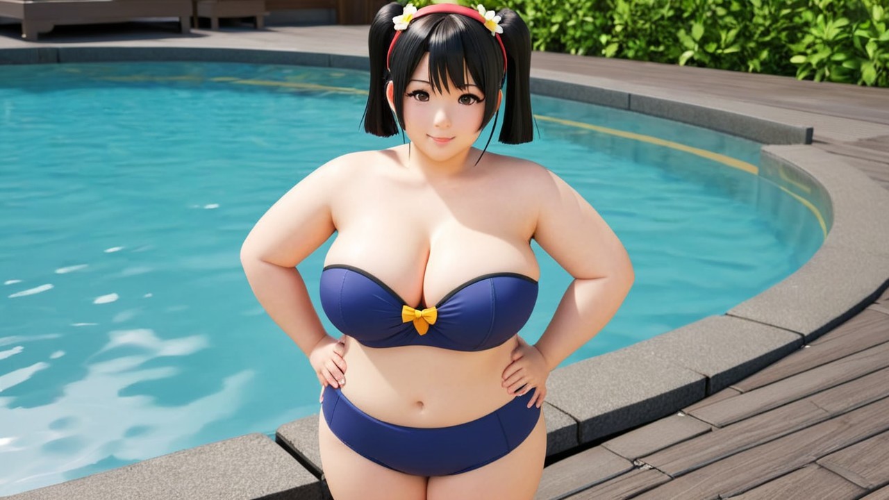 Cheerful Young Woman by Pool in Blue Bikini