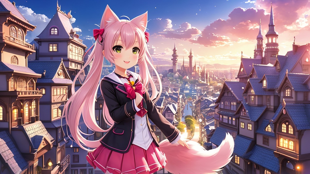 Cheerful anime girl in magical sunset cityscape
