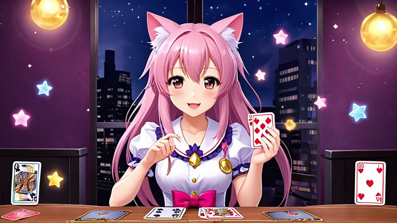 Animated girl with pink hair at a card table